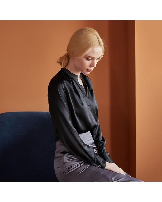 Soft Strokes Silk Black Pure Silk Long Sleeve Y-Neck Blouse