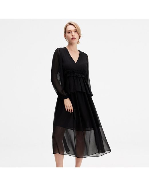 Smart and Joy Black Long Ruffle Chiffon Dress