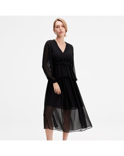 Smart and Joy Black Long Ruffle Chiffon Dress