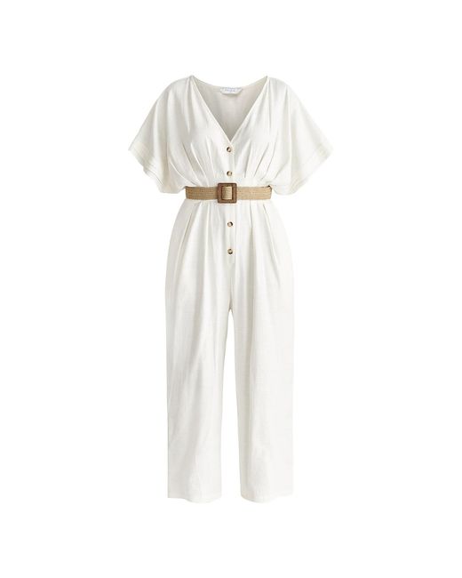 Paisie White Linen Blend Button Jumpsuit