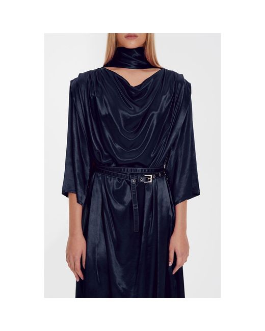 Monosuit Blue Sleeve High Neck Cut-Out Draped Belted Satin Loose Fit Casual Midi Dress Lullaby