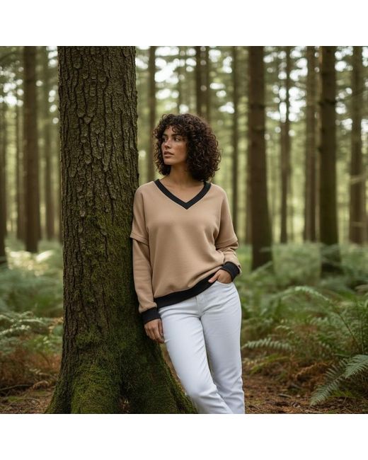 BEIRA Natural Neutrals Victoria V-Neck Sweatshirt – Camel