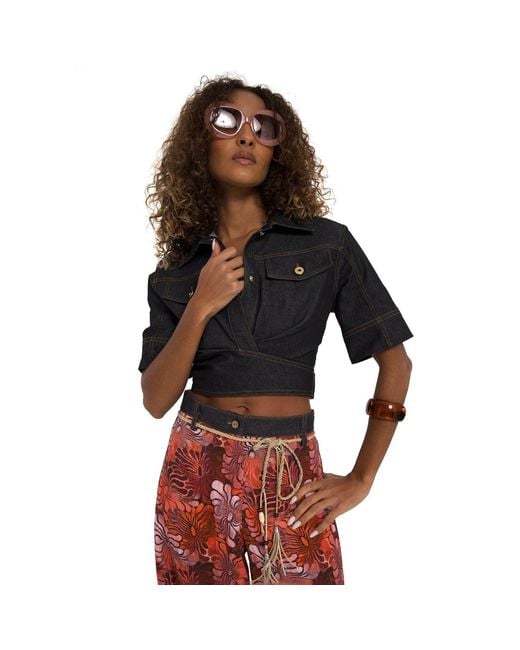 Lalipop Design Black Fitted Cropped Denim Shirt