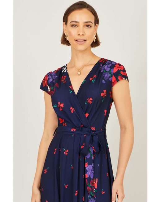 Yumi' Blue Floral Mirror Wrap Dress With Dip Hem