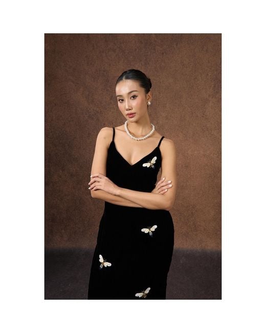 Silk and Bears Black Hand-Embroidered Bee Silk Velvet Evening Dress