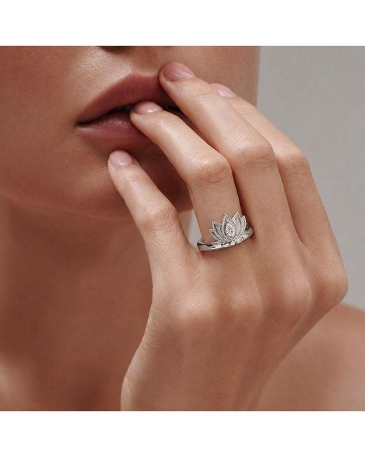 Aurozia Metallic Lotus Within Rhodium Plated Sterling Blooming Lotus Drop Adjustable Open Ring