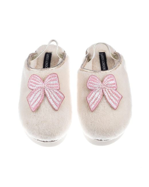 Laines London Pink Neutrals Flatform Cloud Closed Toe Slippers With Stripe Bow Brooches