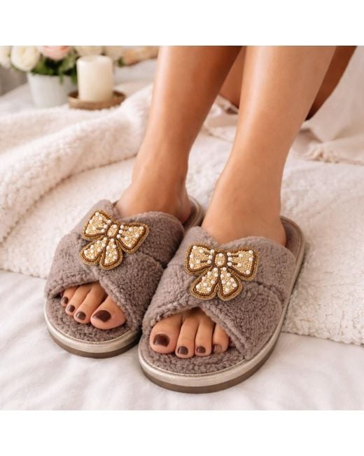 Laines London Brown Neutrals Neutral Boucle Slippers With & Pearl Beaded Pretty Bow Brooches