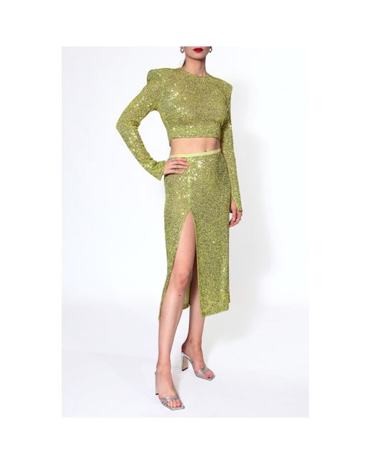 AGGI by HALEWSKI Green Zoey Lemon Sparkle Sequin Long Sleeve Crop Top