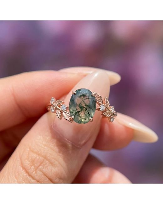 Azura Jewelry New York Metallic Between The Leaf Oval Moss Agate Ring Solid