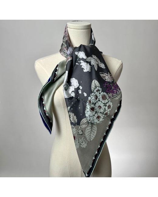Wenzi Blue Neutrals Moonlit Menagerie Hand Painted Double Sided Silk Twill Scarf