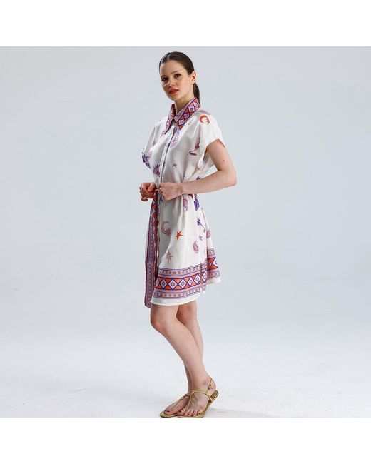 LOVEIST STORE Purple Morocco Linen Blend Belted Shirt Dress
