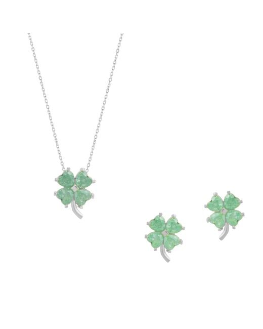 Spero London Four Leaves Clover Sterling Earring & Necklace Set In Green