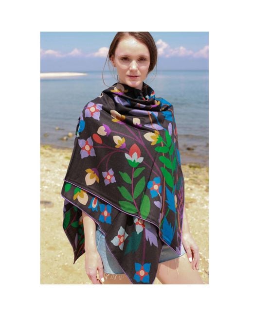 Jessie Zhao New York Black Double Sided Wool Silk Shawl Of Night Garden