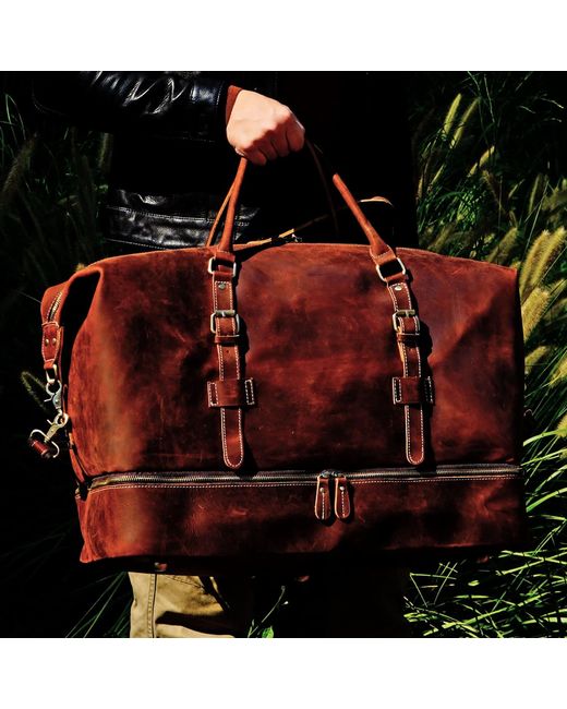 Touri Brown Leather Weekend Bag With Suit Compartment Weekender for men