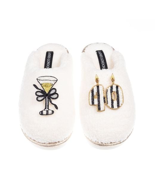 Laines London White Teddy Closed Toe Slippers With Stripe 40Th Birthday & Champagne Glass Brooches