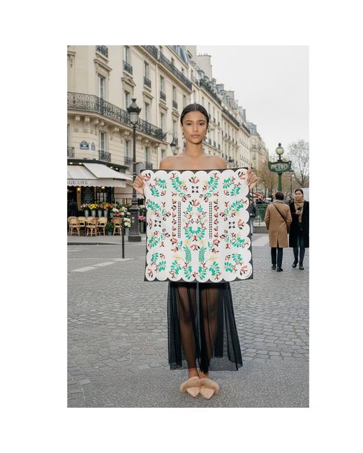 Jessie Zhao New York Green Double Sided Silk Scarf Floral Parade