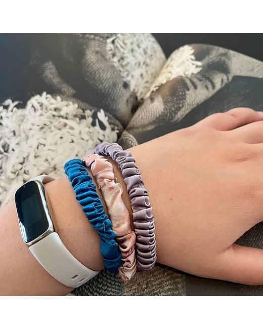 Soft Strokes Silk Blue Set Of Three Pure Mulberry Silk Skinny Scrunchies Weekly Special Hair Ties Pastel Leopard