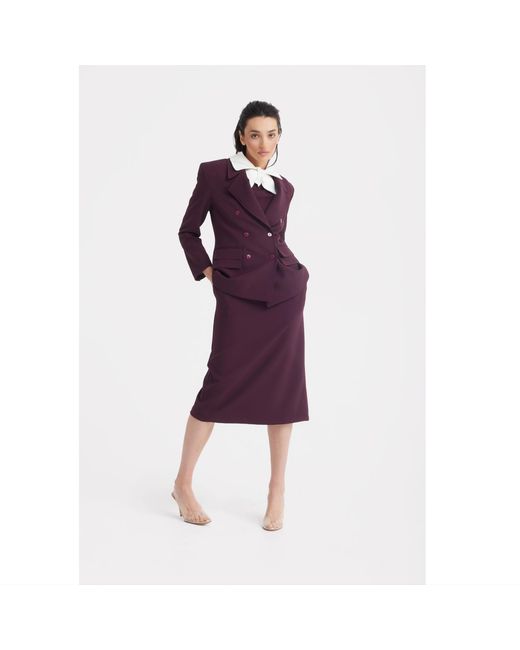 Julia Allert Purple Elegant Midi Dress With Contrast Bow Collar – Burgundy