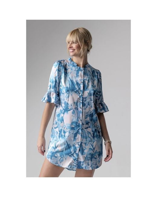 Oh!Zuza Blue Frida Satin Viscose Nightdress Frill Sleeves
