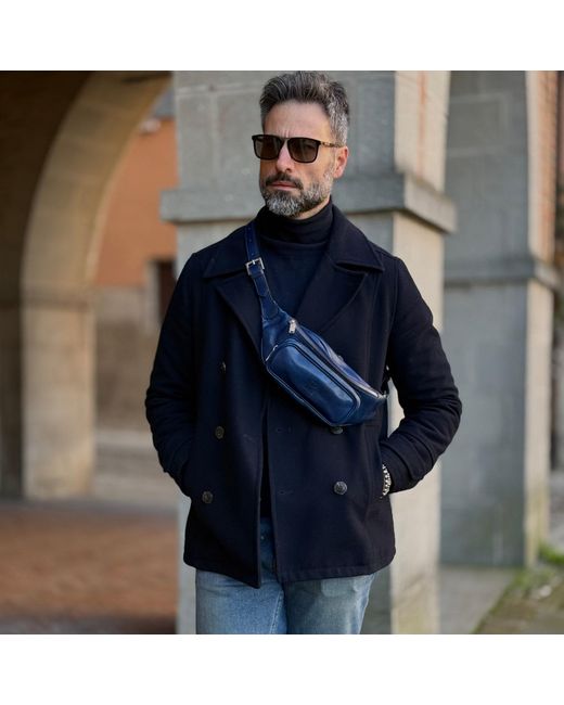 Time Resistance Blue Leather Sling Bag Belly Bag for men