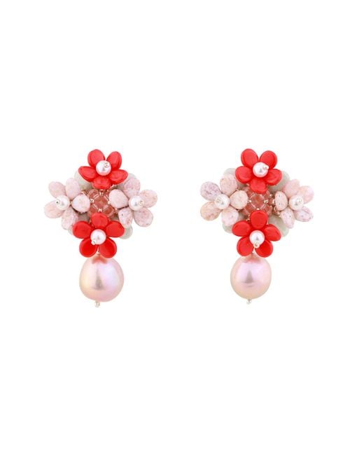 Oana Savu Red Pearls Earrings Sterling Studs Glass Beads Hand Beaded