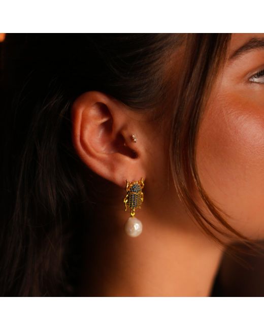 Ebru Jewelry Metallic Egyptian Scarab Sapphire & Pearl Dangle Mystic Earrings