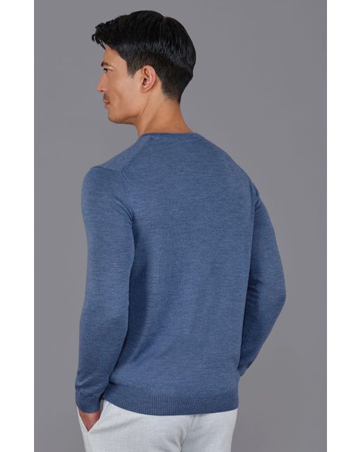 Paul James Knitwear Blue Extra Fine Merino Wool Callington Crew Neck Jumper for men