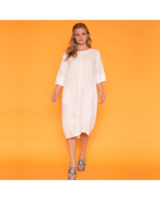 Haris Cotton Blue Keyhole Neckline Midi Linen Dress With 3/4 Sleeve Marine