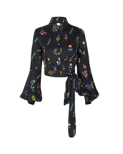 Em & Shi Black Midnight Botanica Tie-Up Blouse