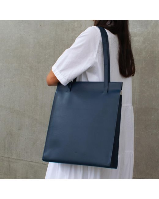 godi. Blue Handmade Adjustable Leather Tote Bag for men