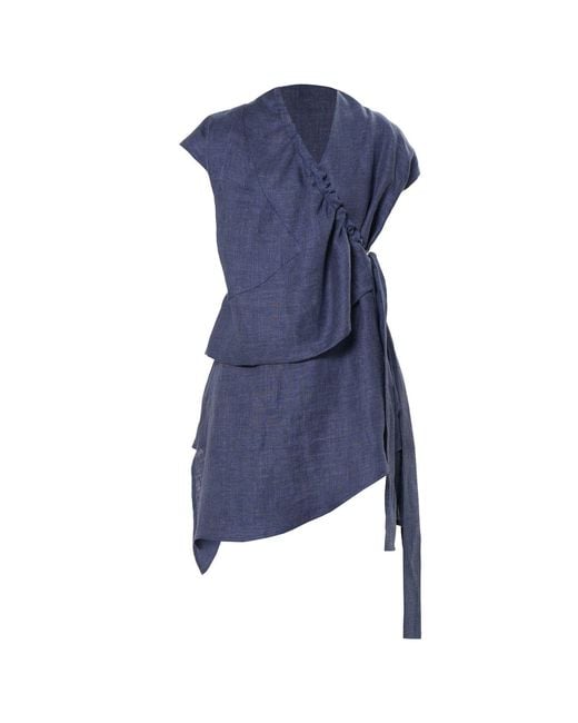Metamorph Blue Linen Denim Tunic With Draped Collar