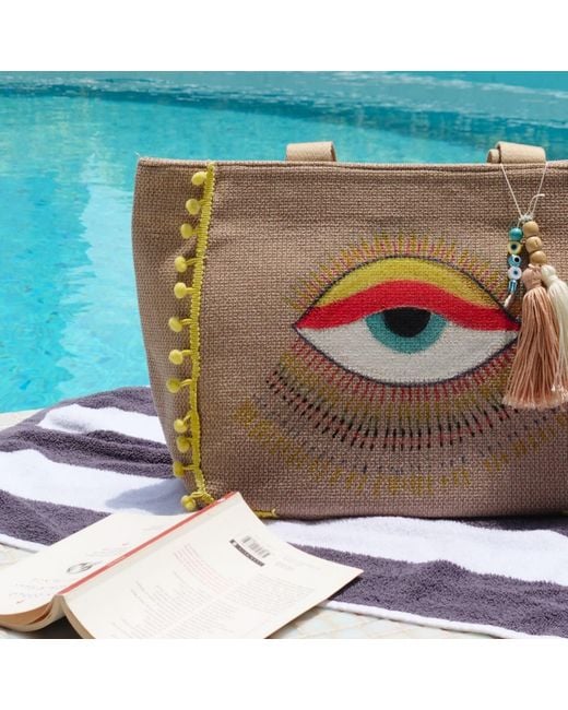 Casa Duniya Yellow Neutrals Antalya Hand-Painted Evil Eye Beach Bag – Pom Pom Edition