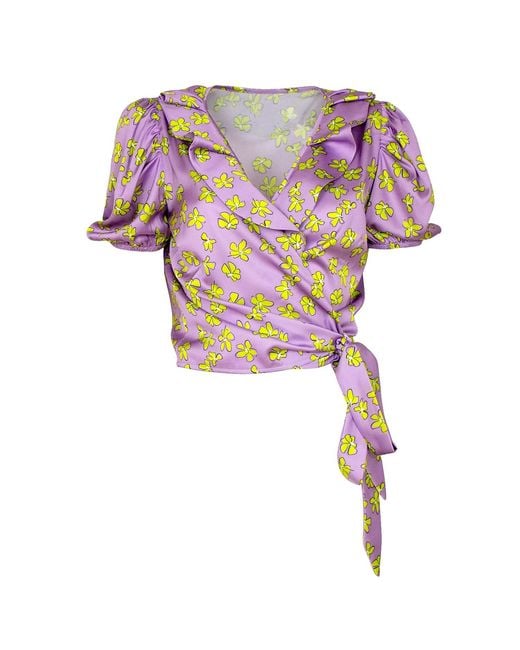 Lalipop Design Pink Lilac Floral Print Double-breasted Puff Sleeve Satin Blouse