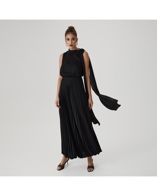 Lita Couture Black Long Pleated Tie-Neck Dress