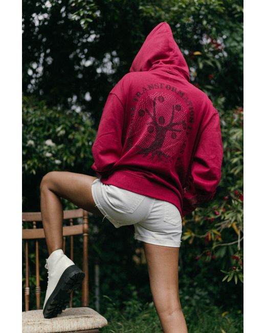 Miracles Manifester Red Positive Affirmation Hoodie With Rhinestone Design