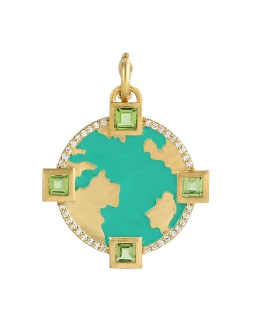 Artisan Green 14k Yellow Gold With Square Peridot & Diamond Enamel World Map Design Pendant
