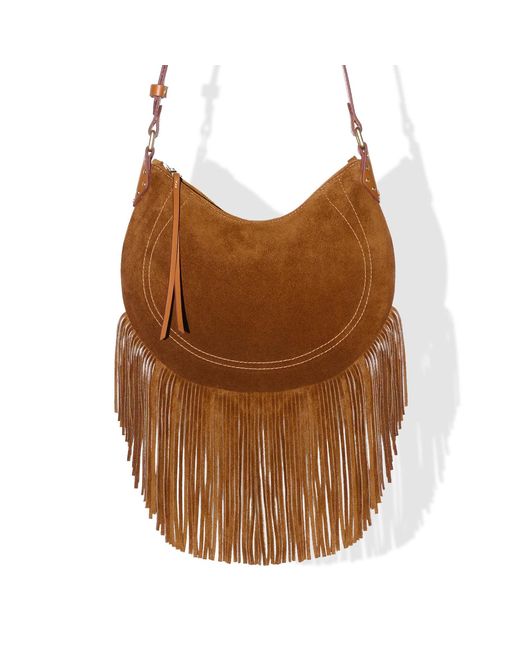 Kim Foley Brown Neutrals Suede Fringe Shoulder Bag – Whiskey