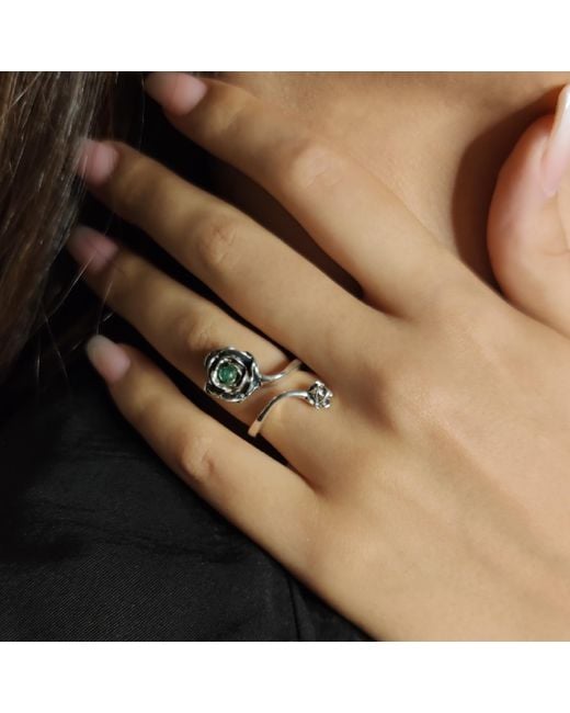 Unaloe Metallic Rose Ring With Natural Emerald– Adjustable Sterling Flower Jewelry
