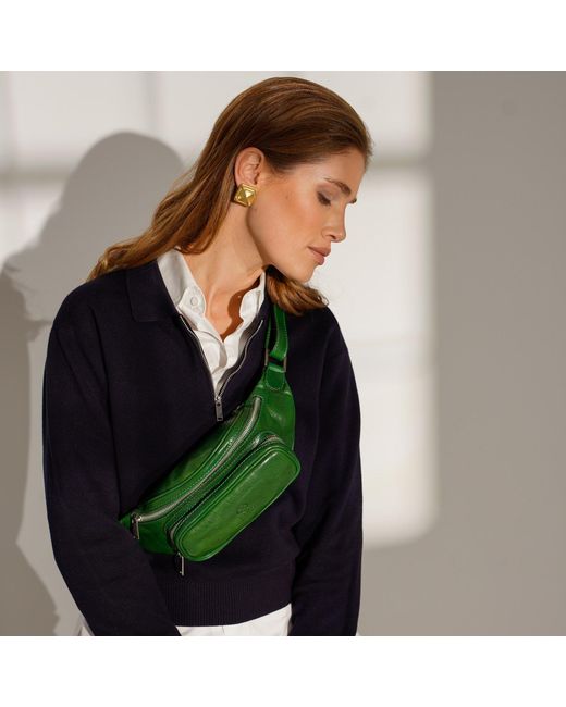 Time Resistance Green Leather Sling Bag Belly Bag