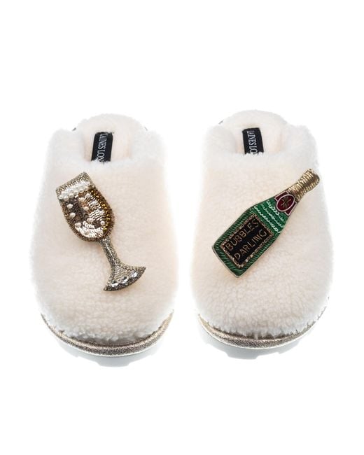 Laines London White Teddy Closed Toe Slippers With Bubbles Darling Brooches