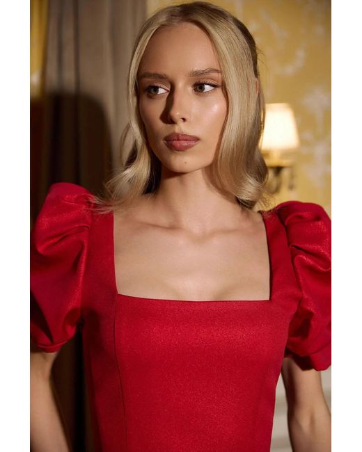 POST MERIDIEM Red Godet Silhouette Square Neck Midi Dress