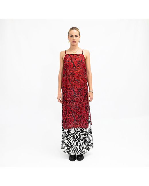 Janara Jones Red Lava Print Chiffon Side-Split Staight-Neck Cami Top