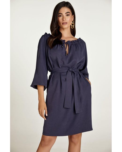 Conquista Blue Belted Tencel Dress With Pockets