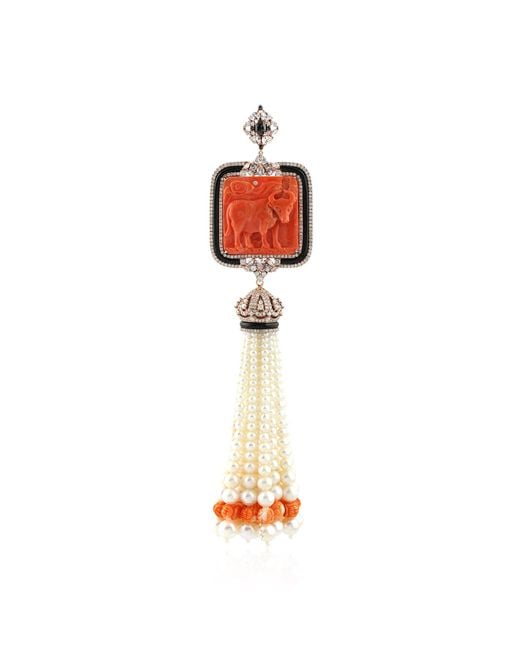 Artisan Orange 18k Rose Gold In Carved Coral & Onyx With White Sapphire Pearl Pave Diamond Beaded Tassel Pendant