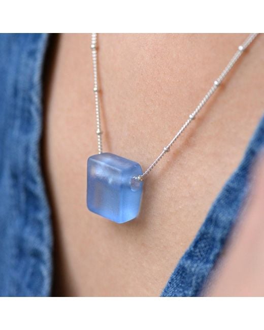 Smart Glass Jewelry Metallic Recycled Sake Bottle Cube Necklace Sterling Periwinkle