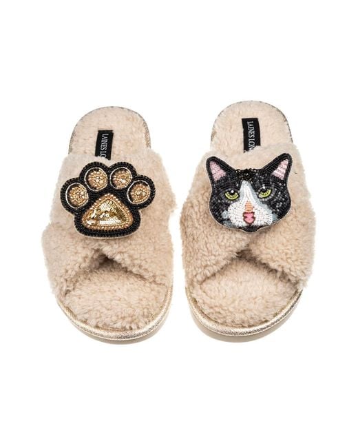 Laines London Metallic Neutrals Laines Neutral Boucle Slippers With & Cat & Paw Brooches