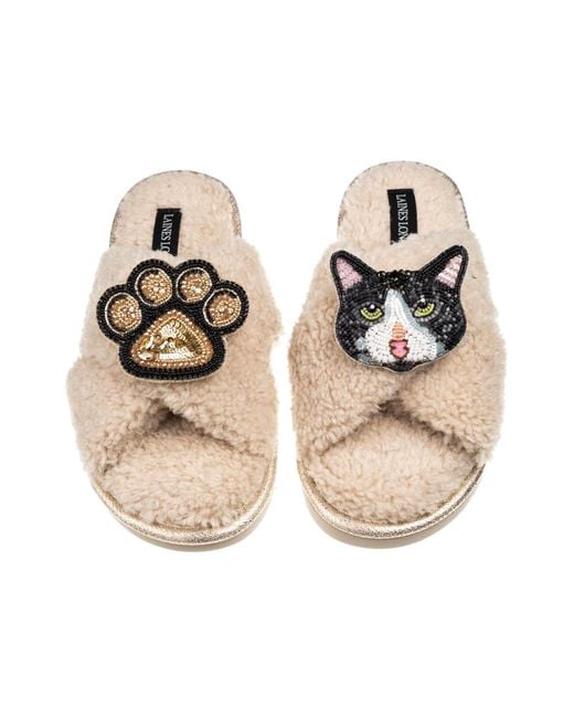 Laines London Metallic Neutrals Laines Neutral Boucle Slippers With & Cat & Paw Brooches