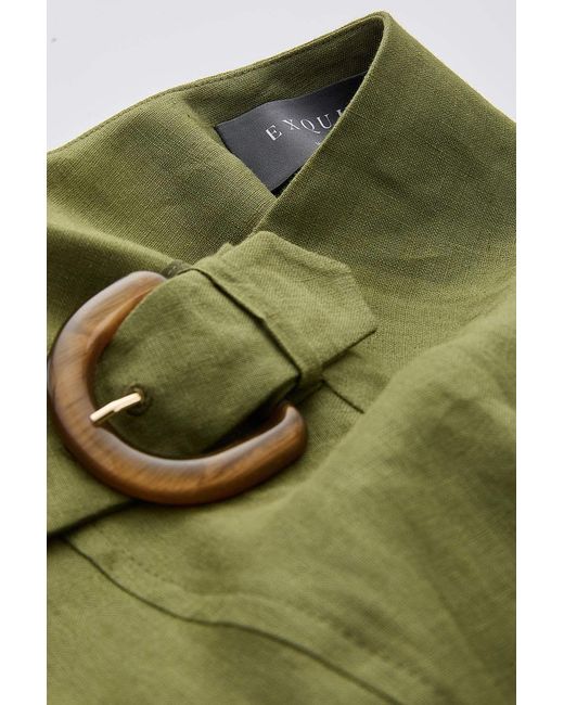 Exquise Green Burnice Buckle Detail Linen Midi Skirt