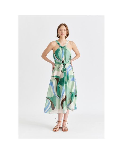 Paisie Green Retro Wave Halter Neck Midi Dress With Belt